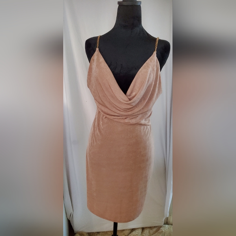 Tan Sheath Dress with Cowl Neck for Night Out